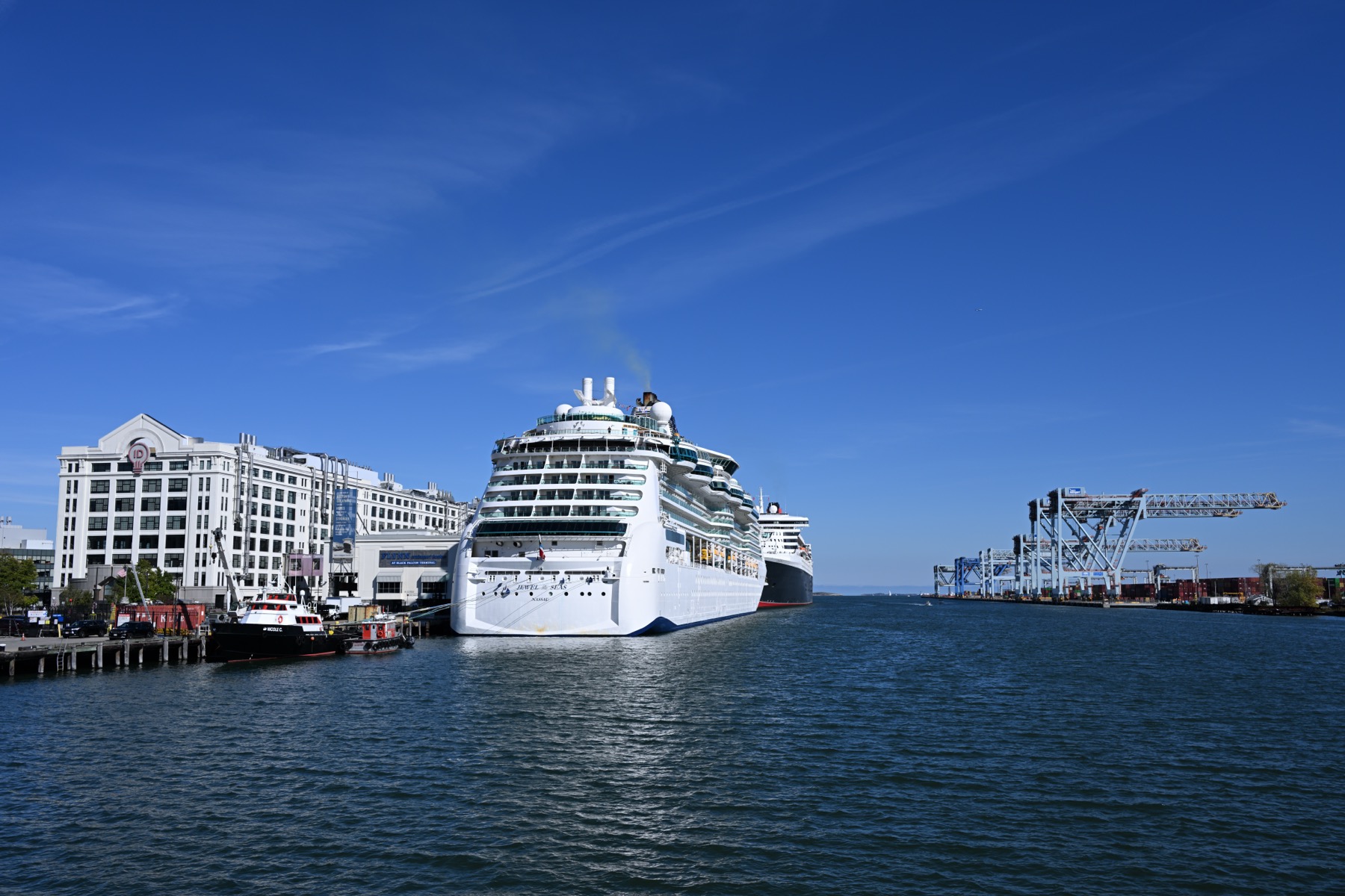 两艘大型邮轮停靠在波士顿Flynn Cruiseport码头的港湾实景
