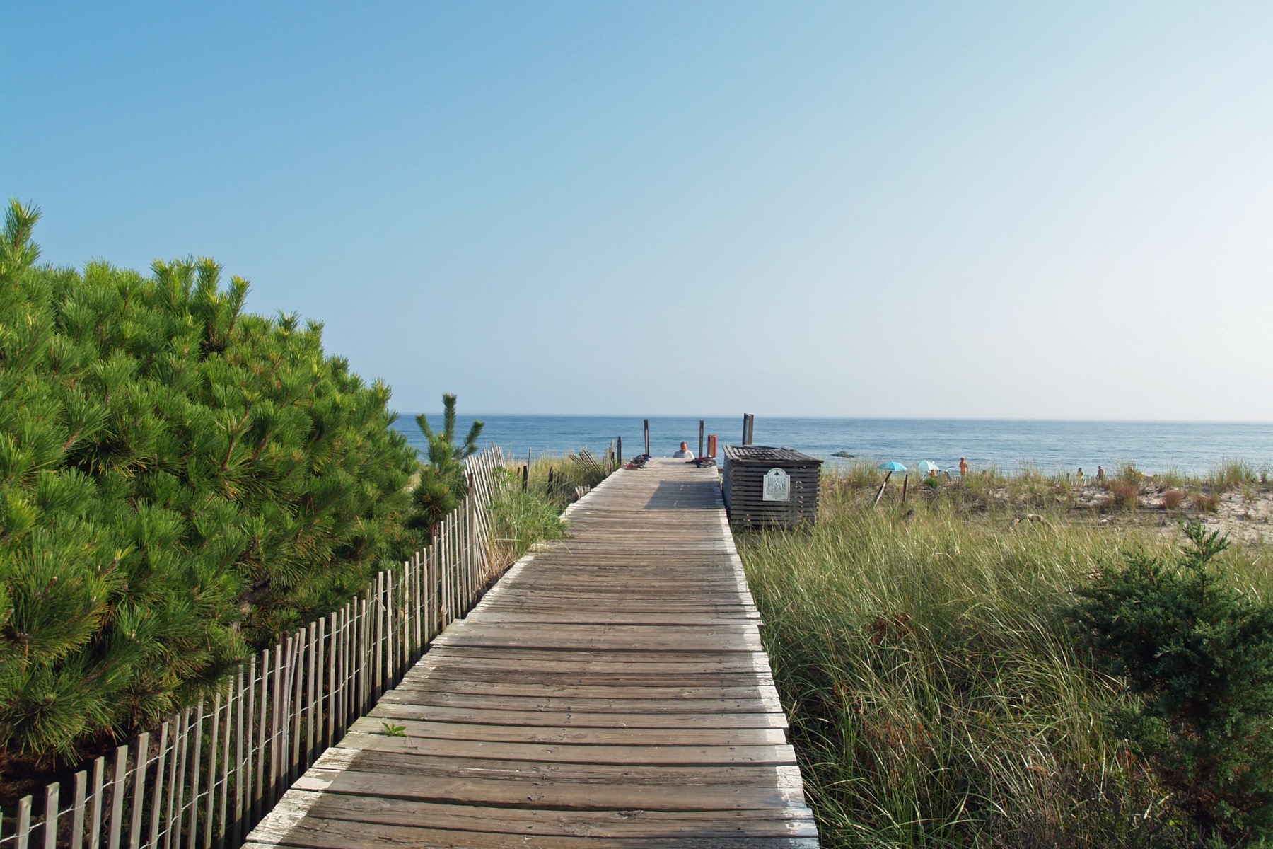 Fire Island沙丘灌木间通往海滩的木栈道与大西洋实景
