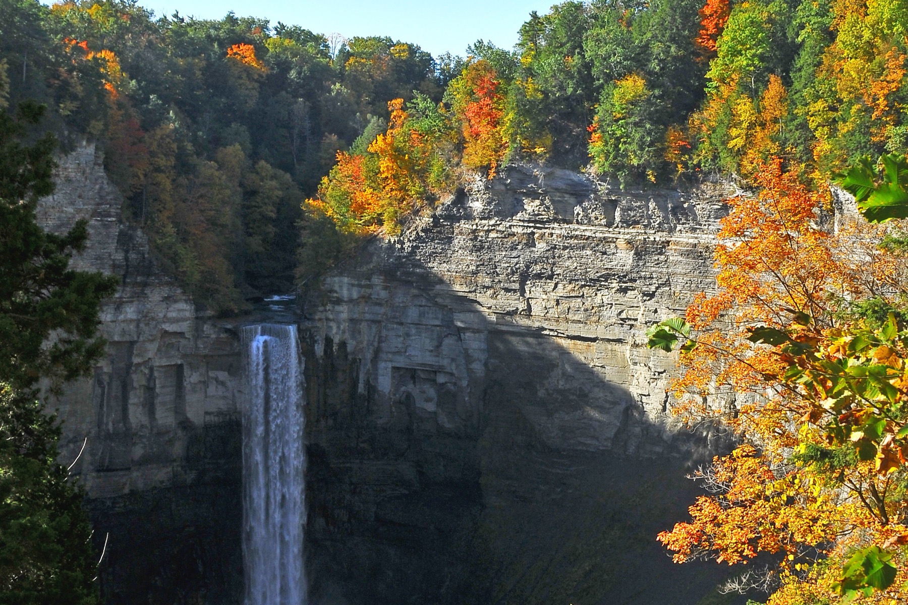 纽约州Taughannock Falls秋季瀑布、峡谷岩壁与彩色树林实景