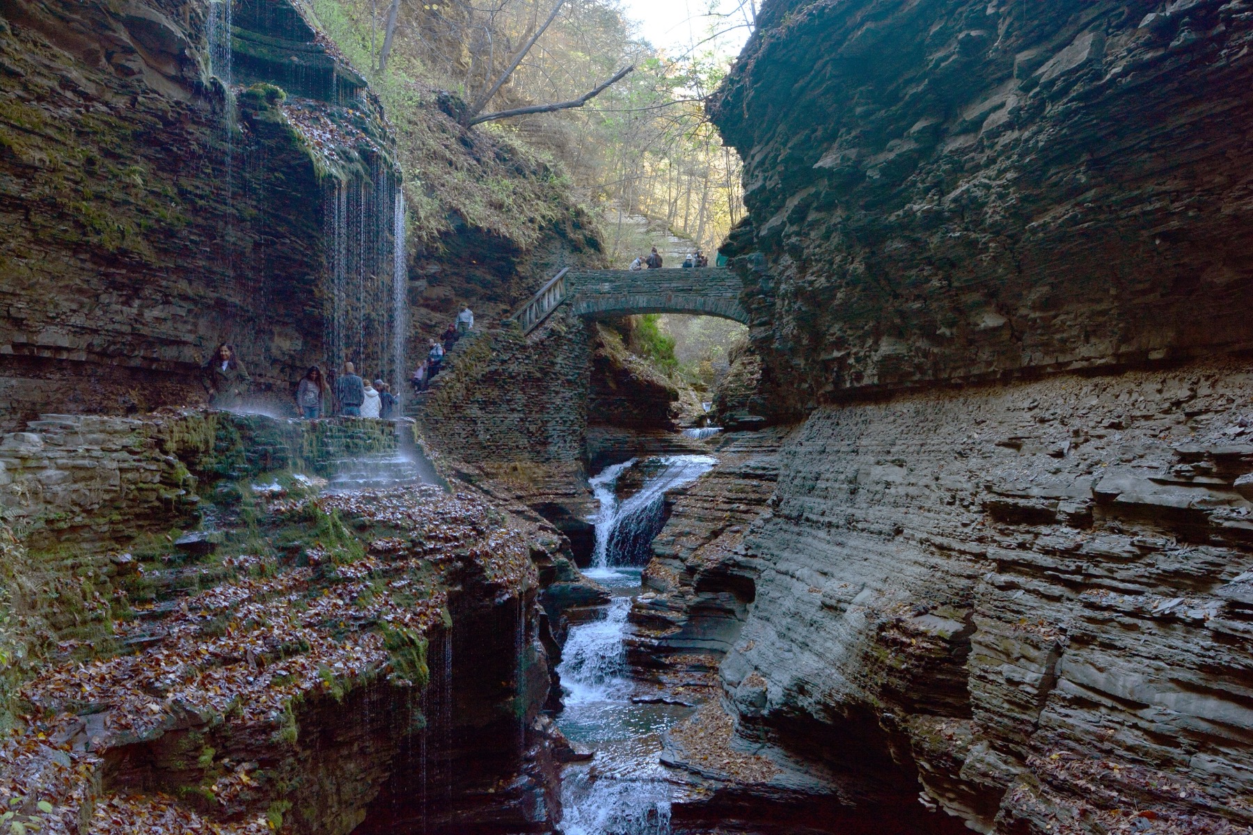 Watkins Glen State Park峡谷内Rainbow Falls、石桥和Gorge Trail实景